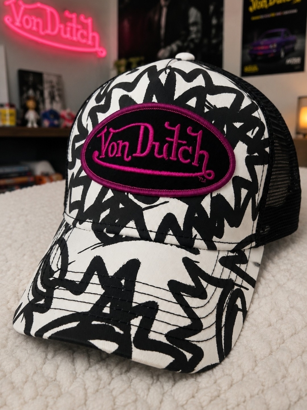 Von Dutch Black & White Graffiti Trucker Hat with Magenta Patch